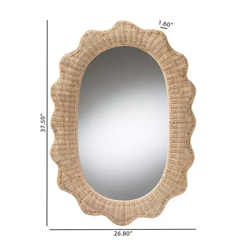 Scalloped Natural Rattan Wall Mirror – Oval Boho Coastal, 37.5" High