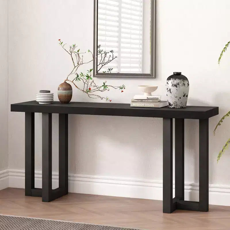 Consolle Minimalista da 63" – Gambe in Legno Massello, Piano Spesso, Nera