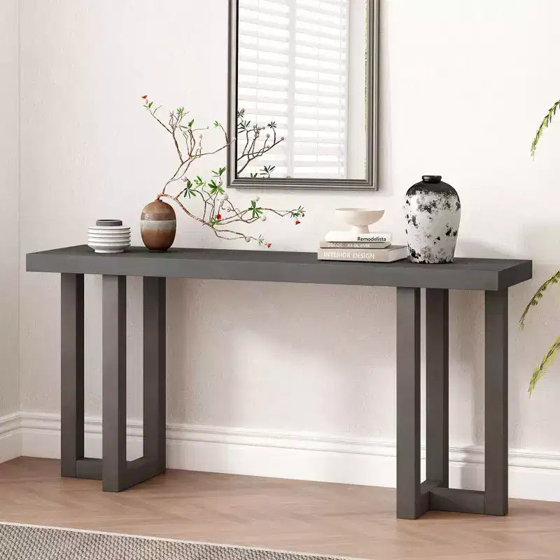 Consolle Minimalista da 63" – Gambe in Legno Massello, Piano Spesso, Nera