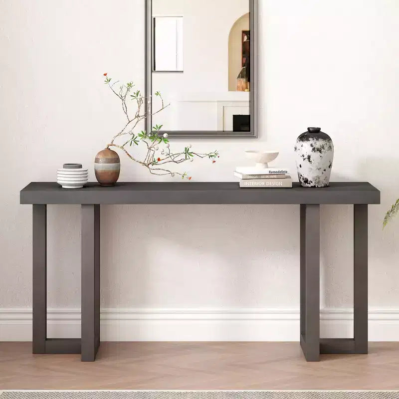 Consolle Minimalista da 63" – Gambe in Legno Massello, Piano Spesso, Nera