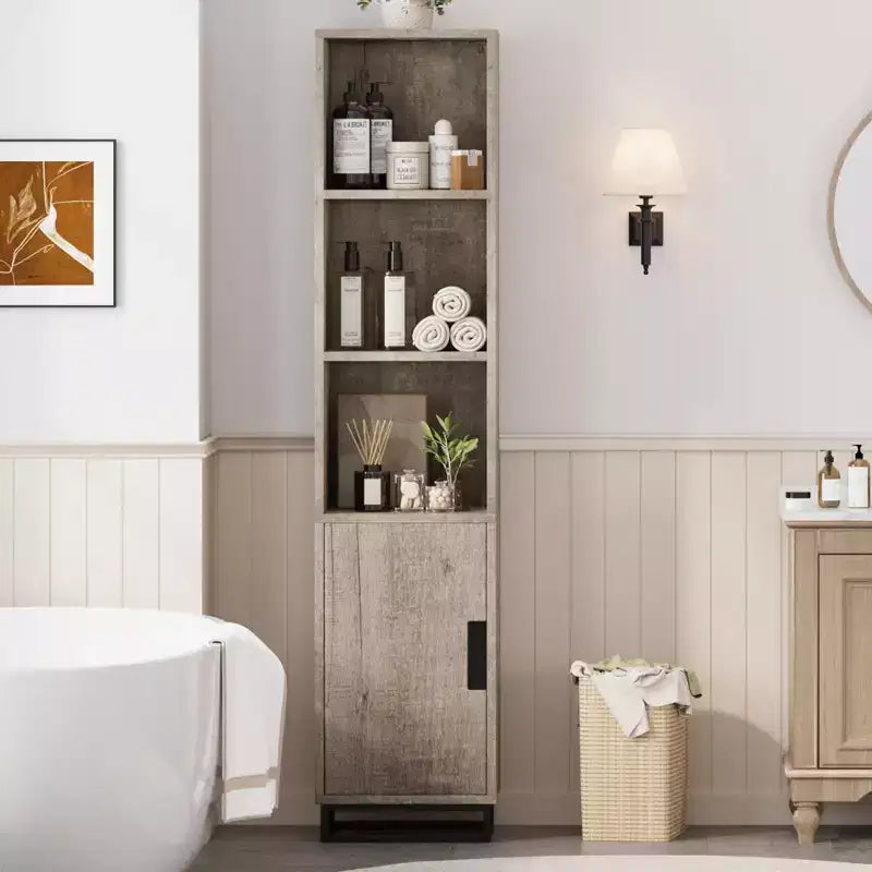 Mobiletto contenitore alto 178 cm con base con struttura in metallo e ripiani regolabili, mobiletto contenitore aperto autoportante per bagno, soggiorno