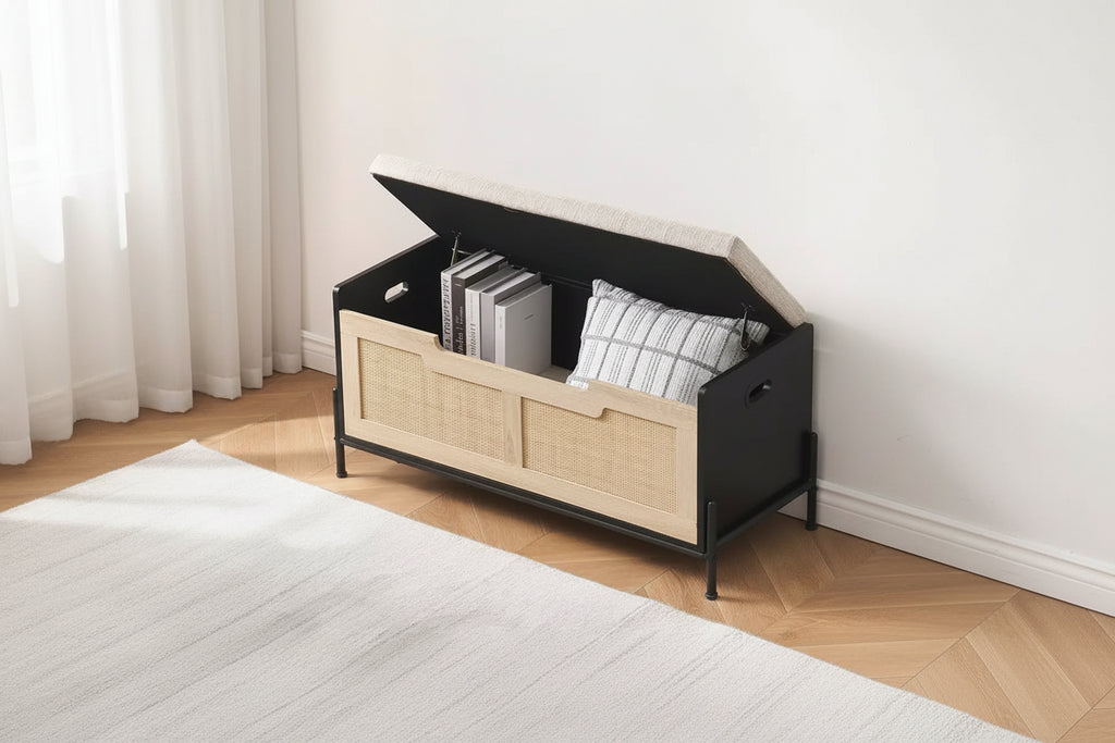 Rattan Storage Bench with Cushion, Toy Box w/2 Safety Hinges, 39.4 Toy Chest for Bedroom, Storage Bench with Storage, Shoe Bench, for Living Room