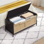 Panca Contenitore in Rattan con Cuscino, Contenitore per Giocattoli con 2 Cerniere di Sicurezza, Panca Contenitore da 100 cm per Camera da Letto, Panca Portaoggetti con Contenitore, Scarpiera, per Soggiorno