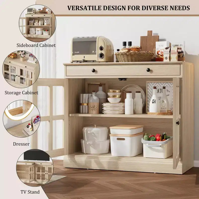 Mobile dispensa da cucina, 2 ante in vetro, buffet, cassetti laterali, con ripiani regolabili per sala da pranzo, cucina, ingresso