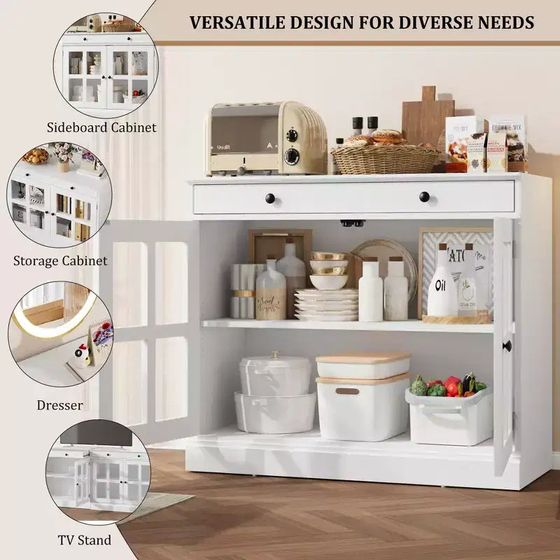 Mobile dispensa da cucina, 2 ante in vetro, buffet, cassetti laterali, con ripiani regolabili per sala da pranzo, cucina, ingresso