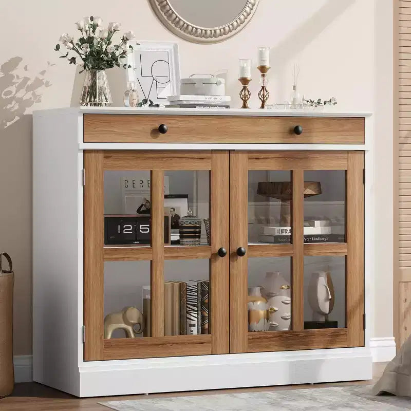 Mobile dispensa da cucina, 2 ante in vetro, buffet, cassetti laterali, con ripiani regolabili per sala da pranzo, cucina, ingresso