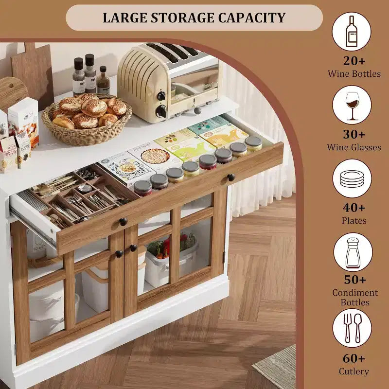 Mobile dispensa da cucina, 2 ante in vetro, buffet, cassetti laterali, con ripiani regolabili per sala da pranzo, cucina, ingresso