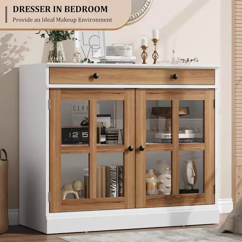 Mobile dispensa da cucina, 2 ante in vetro, buffet, cassetti laterali, con ripiani regolabili per sala da pranzo, cucina, ingresso