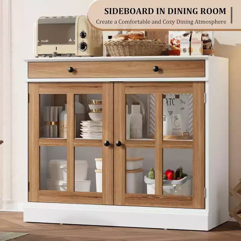 Mobile dispensa da cucina, 2 ante in vetro, buffet, cassetti laterali, con ripiani regolabili per sala da pranzo, cucina, ingresso