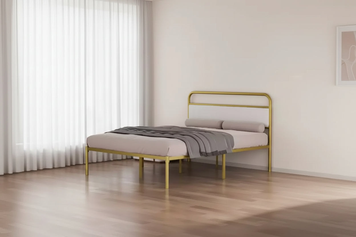 Struttura letto moderna in acciaio con testiera imbottita in lino