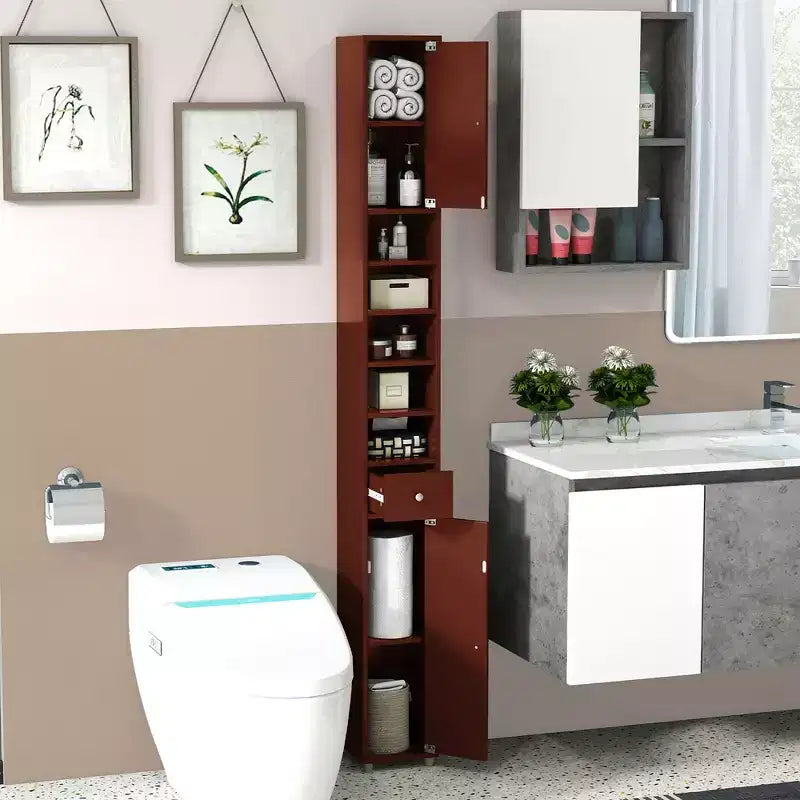 Mobiletto alto e sottile per bagno, torre portabiancheria con cassetto e ripiani regolabili