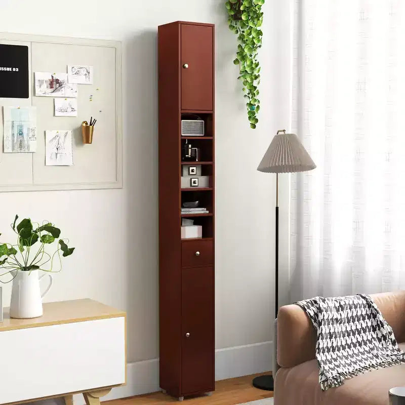 Mobiletto alto e sottile per bagno, torre portabiancheria con cassetto e ripiani regolabili