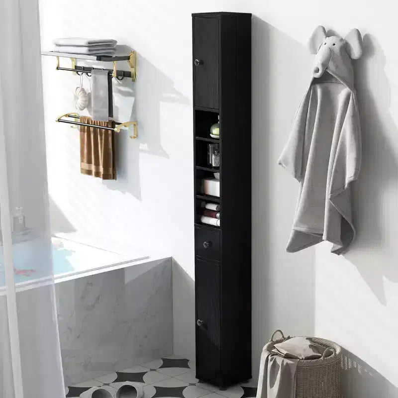 Mobiletto alto e sottile per bagno, torre portabiancheria con cassetto e ripiani regolabili