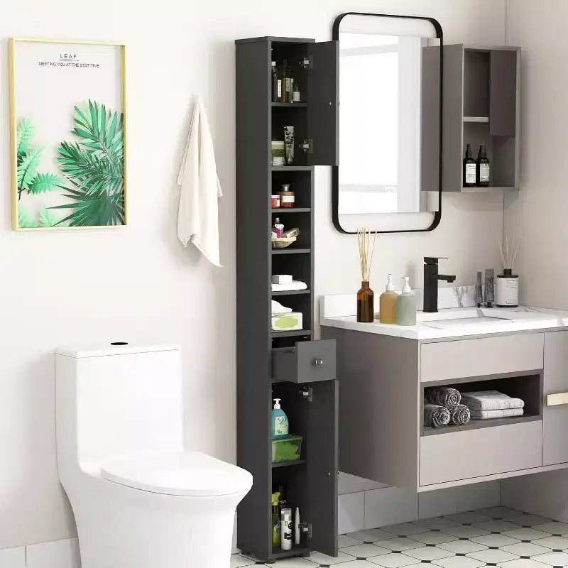 Mobiletto alto e sottile per bagno, torre portabiancheria con cassetto e ripiani regolabili