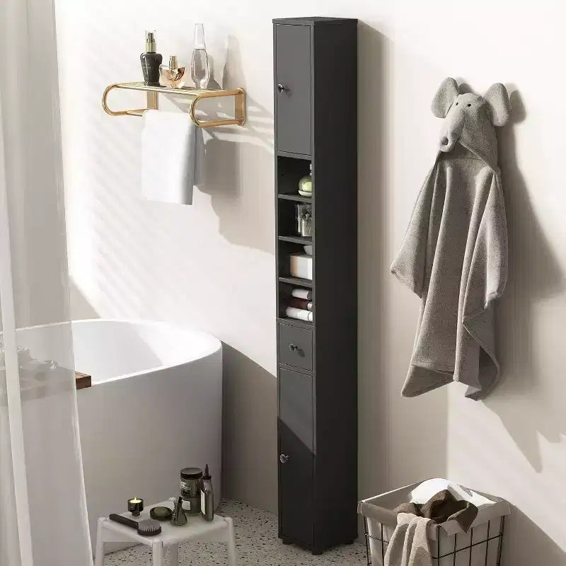 Mobiletto alto e sottile per bagno, torre portabiancheria con cassetto e ripiani regolabili