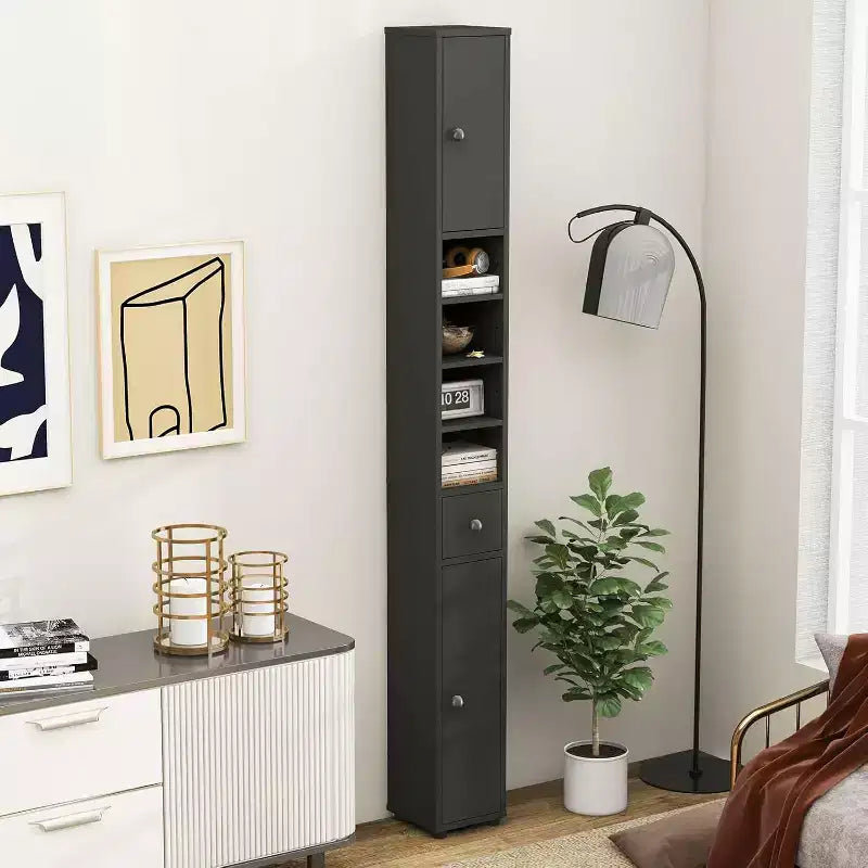 Mobiletto alto e sottile per bagno, torre portabiancheria con cassetto e ripiani regolabili