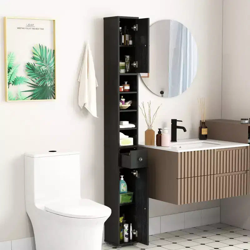 Mobiletto alto e sottile per bagno, torre portabiancheria con cassetto e ripiani regolabili