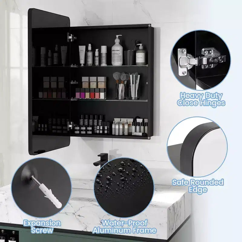 Mobiletto da bagno con specchio da 20 x 30 pollici, con telaio in alluminio e ripiani regolabili