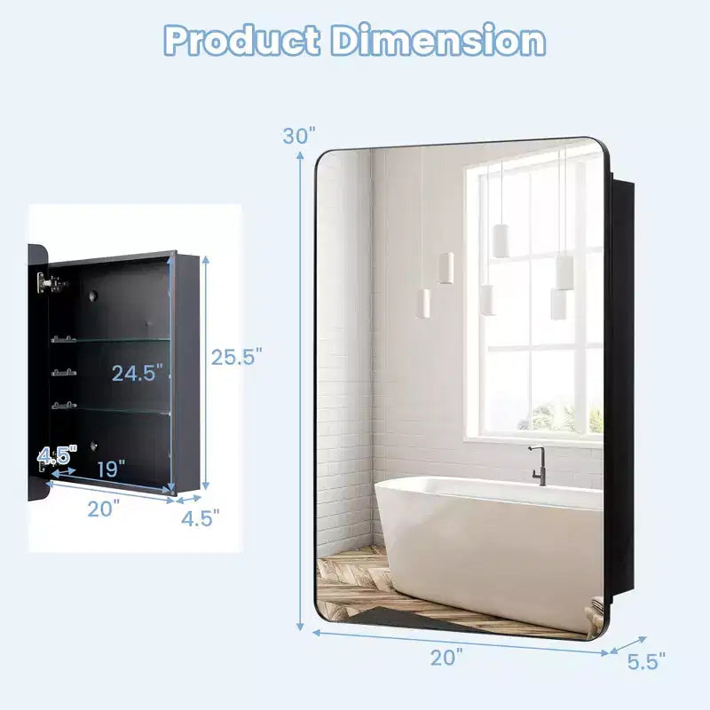 Mobiletto da bagno con specchio da 20 x 30 pollici, con telaio in alluminio e ripiani regolabili