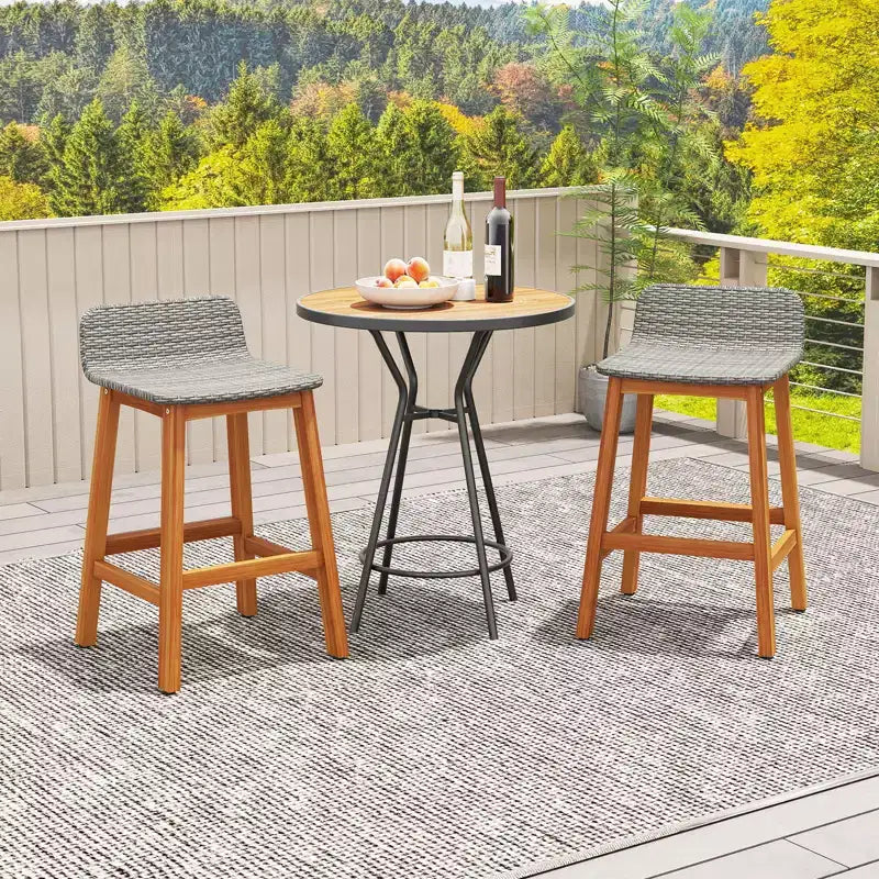 Sgabelli da bar in legno massello di acacia, set da 2, sedie da patio in rattan altezza bancone per portico