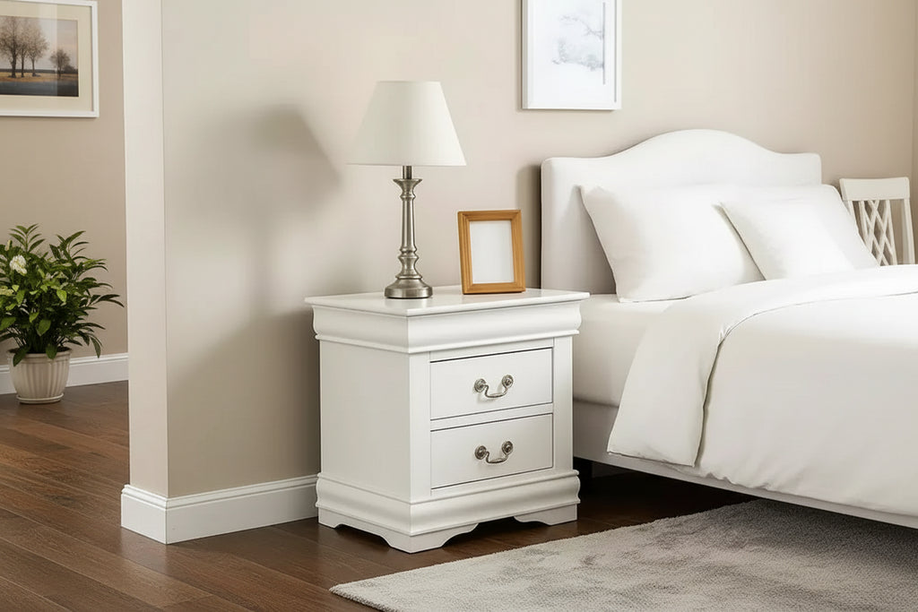 Royal Hampton 2 Drawer Wooden Nightstand with Metal Hanging Pulls and Bracket Feet, White