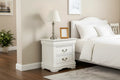 Royal Hampton 2 Drawer Wooden Nightstand with Metal Hanging Pulls and Bracket Feet, White