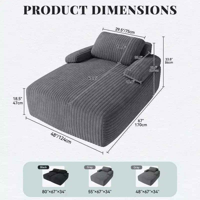 Sedia a sdraio da interno 48 pollici, oversize, in velluto a coste, senza struttura, divano letto, nessun montaggio richiesto, grigio