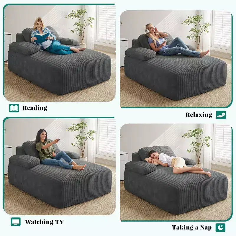 Sedia a sdraio da interno 48 pollici, oversize, in velluto a coste, senza struttura, divano letto, nessun montaggio richiesto, grigio