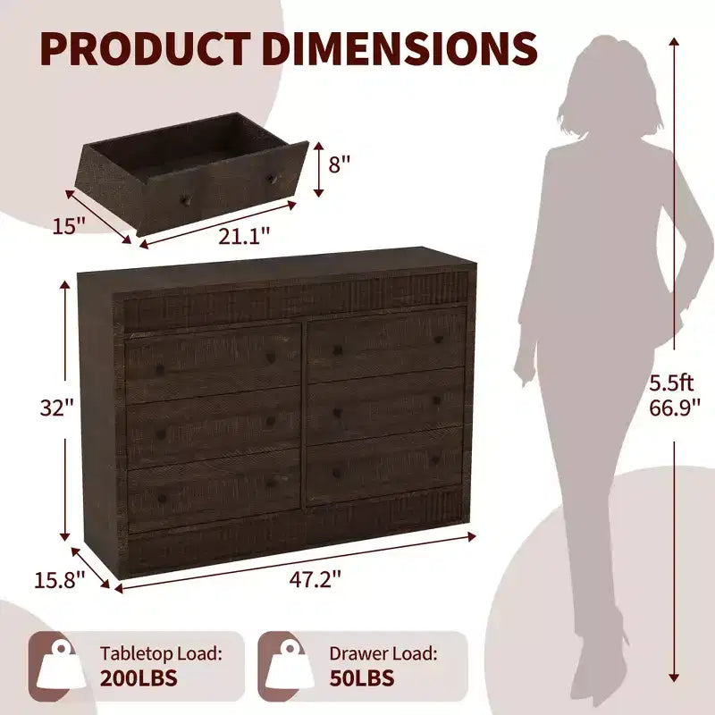 Cassettiera scanalata a 7 cassetti, cassettiera moderna in legno da 54" con cassetti scorrevoli e sicurezza antiribaltamento, per camera da letto, soggiorno o ingresso