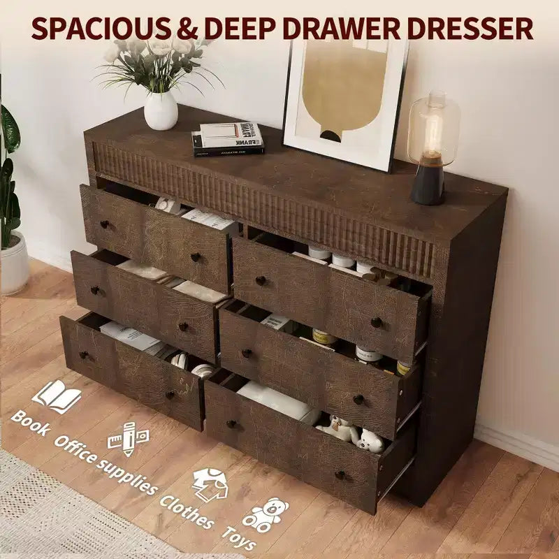 Cassettiera scanalata a 7 cassetti, cassettiera moderna in legno da 54" con cassetti scorrevoli e sicurezza antiribaltamento, per camera da letto, soggiorno o ingresso