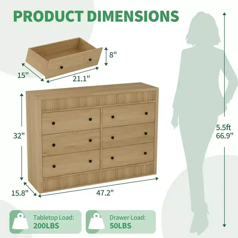 Cassettiera scanalata a 7 cassetti, cassettiera moderna in legno da 54" con cassetti scorrevoli e sicurezza antiribaltamento, per camera da letto, soggiorno o ingresso
