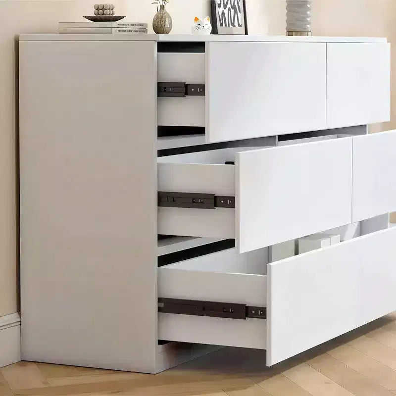 Comò a 6 cassetti bianco, Comò moderno per camera da letto con piano spazioso, Armadio contenitore in legno con maniglie a scomparsa