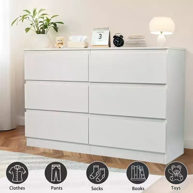 Comò a 6 cassetti bianco, Comò moderno per camera da letto con piano spazioso, Armadio contenitore in legno con maniglie a scomparsa
