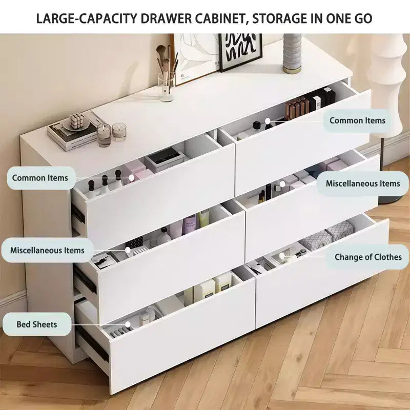 Comò a 6 cassetti bianco, Comò moderno per camera da letto con piano spazioso, Armadio contenitore in legno con maniglie a scomparsa