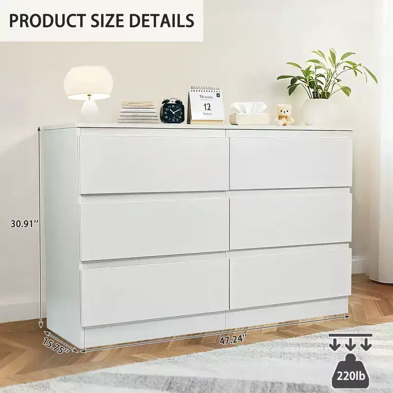 Comò a 6 cassetti bianco, Comò moderno per camera da letto con piano spazioso, Armadio contenitore in legno con maniglie a scomparsa