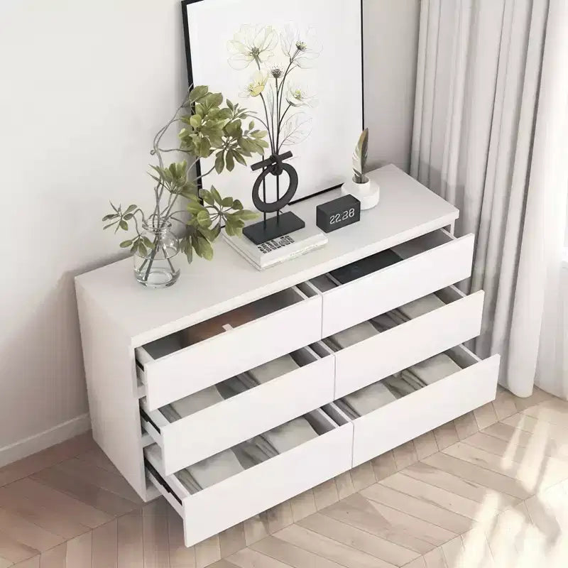 Comò a 6 cassetti bianco, Comò moderno per camera da letto con piano spazioso, Armadio contenitore in legno con maniglie a scomparsa
