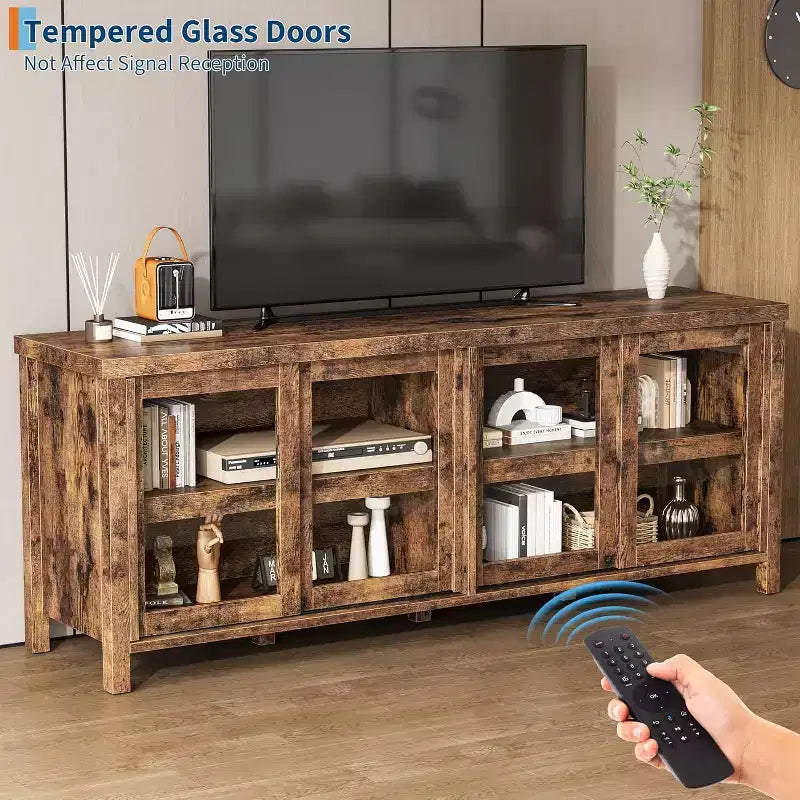 Mobile porta TV da 65 pollici, Centro di intrattenimento con 4 ante in vetro, Armadio contenitore per soggiorno