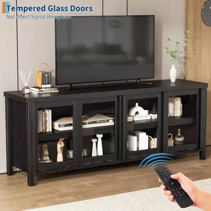 Mobile porta TV da 65 pollici, Centro di intrattenimento con 4 ante in vetro, Armadio contenitore per soggiorno