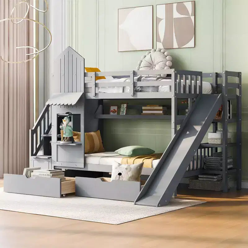 Struttura del letto a castello singolo a forma di castello con 2 cassetti, 3 ripiani e scivolo, letto a soppalco da principessa per bambini e bambine