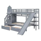 Struttura del letto a castello singolo a forma di castello con 2 cassetti, 3 ripiani e scivolo, letto a soppalco da principessa per bambini e bambine