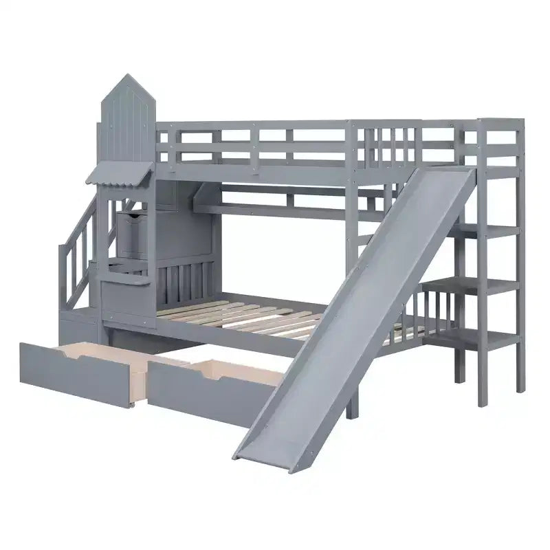 Struttura del letto a castello singolo a forma di castello con 2 cassetti, 3 ripiani e scivolo, letto a soppalco da principessa per bambini e bambine