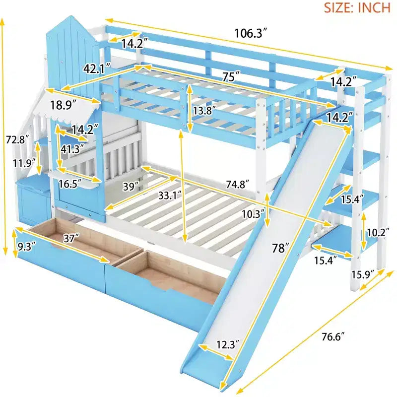 Struttura del letto a castello singolo a forma di castello con 2 cassetti, 3 ripiani e scivolo, letto a soppalco da principessa per bambini e bambine