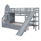 Struttura del letto a castello singolo a forma di castello con 2 cassetti, 3 ripiani e scivolo, letto a soppalco da principessa per bambini e bambine