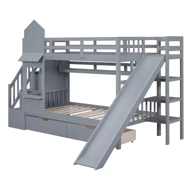 Struttura del letto a castello singolo a forma di castello con 2 cassetti, 3 ripiani e scivolo, letto a soppalco da principessa per bambini e bambine