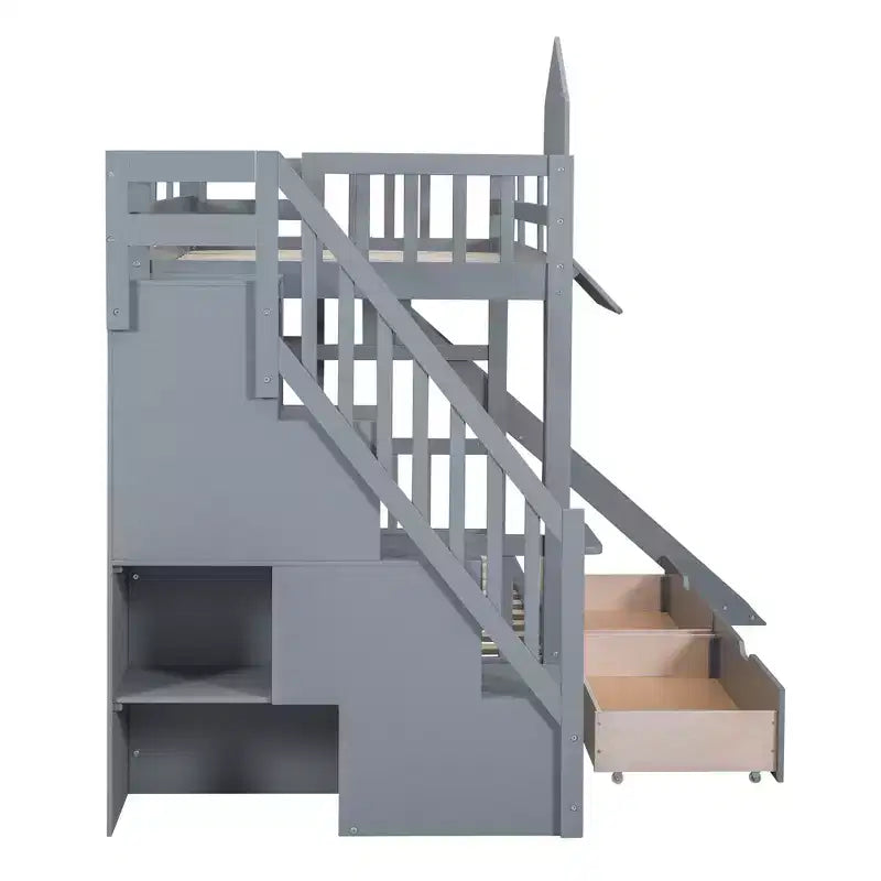Struttura del letto a castello singolo a forma di castello con 2 cassetti, 3 ripiani e scivolo, letto a soppalco da principessa per bambini e bambine