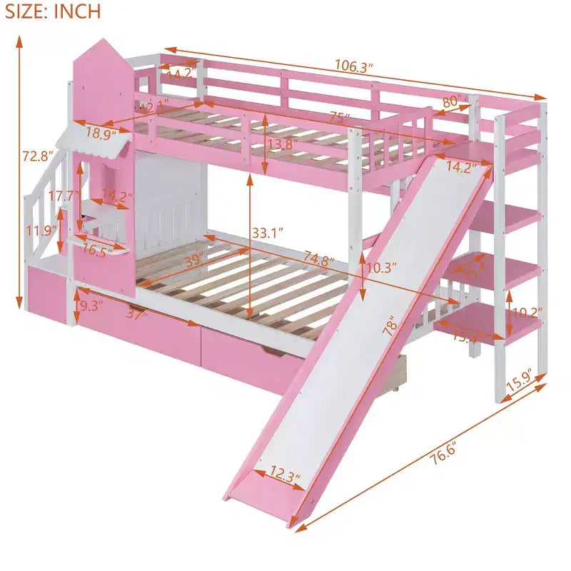 Struttura del letto a castello singolo a forma di castello con 2 cassetti, 3 ripiani e scivolo, letto a soppalco da principessa per bambini e bambine