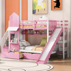 Struttura del letto a castello singolo a forma di castello con 2 cassetti, 3 ripiani e scivolo, letto a soppalco da principessa per bambini e bambine