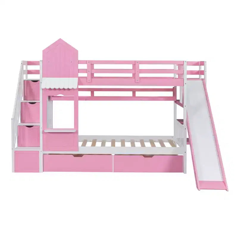 Struttura del letto a castello singolo a forma di castello con 2 cassetti, 3 ripiani e scivolo, letto a soppalco da principessa per bambini e bambine