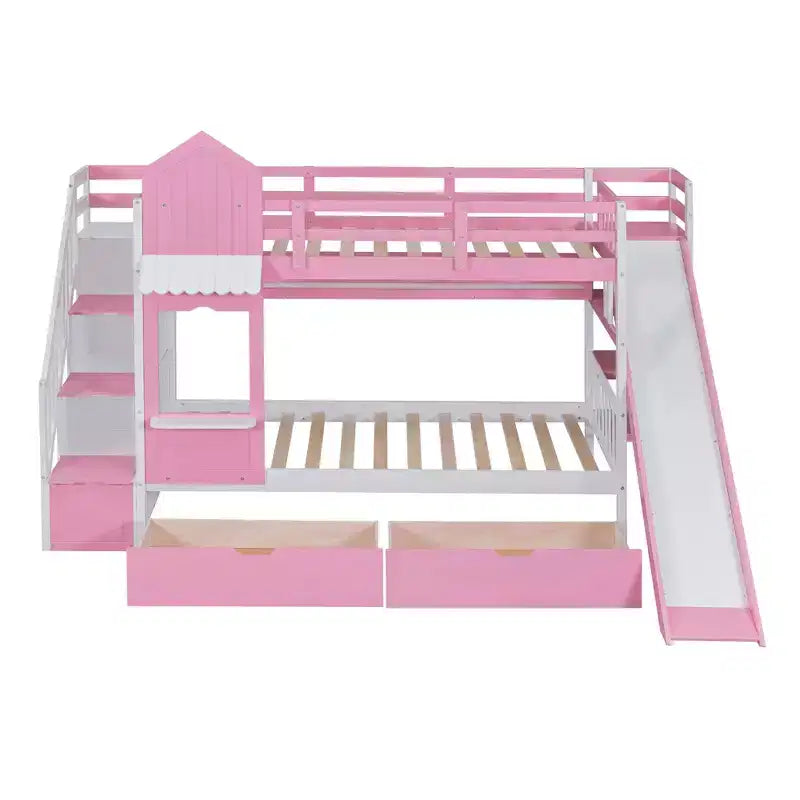 Struttura del letto a castello singolo a forma di castello con 2 cassetti, 3 ripiani e scivolo, letto a soppalco da principessa per bambini e bambine