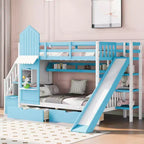 Struttura del letto a castello singolo a forma di castello con 2 cassetti, 3 ripiani e scivolo, letto a soppalco da principessa per bambini e bambine